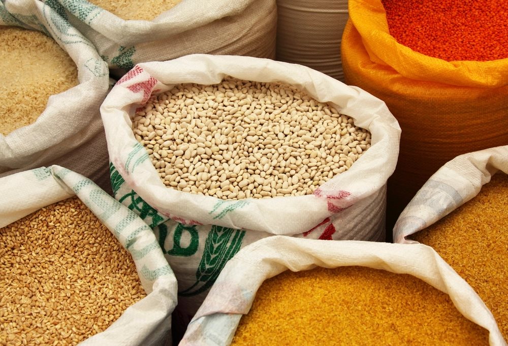 Open sacks of Indian pulses, grains and spice powders at a wholesale supplier