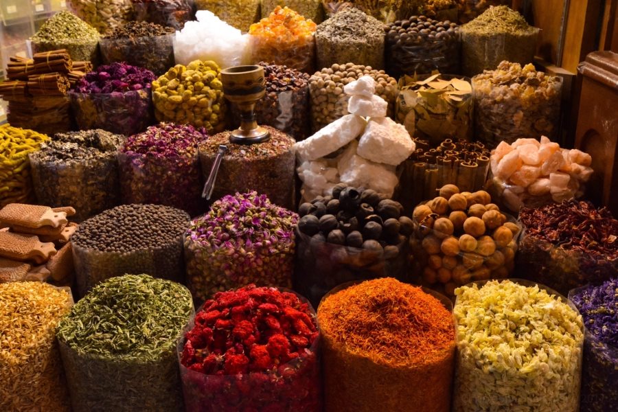 Assorted Indian dried goods, spices and grocery items displayed in bulk